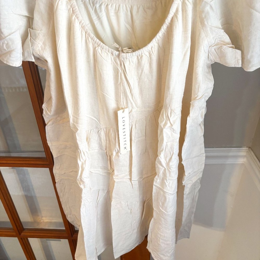Boho linen blend short sleeve dress Size: Large Color: Creme